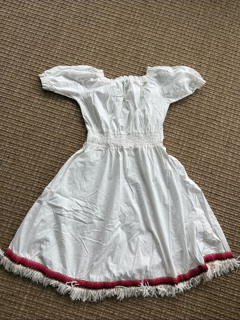 Cotton White Off-Shoulder Dress with Pink Trim